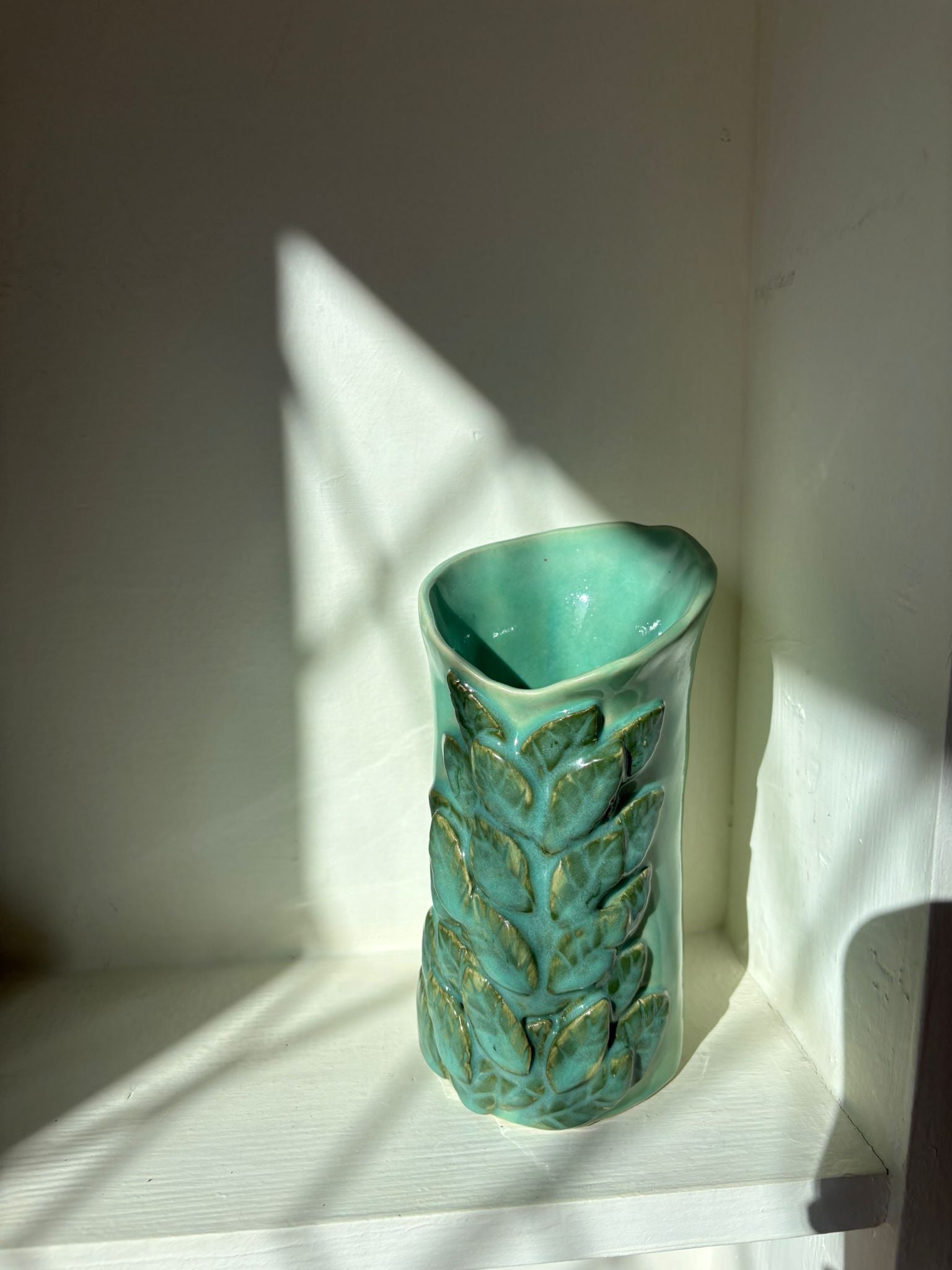 Tall Green Ceramic Vase with Leaf Pattern - Gilly Gonks